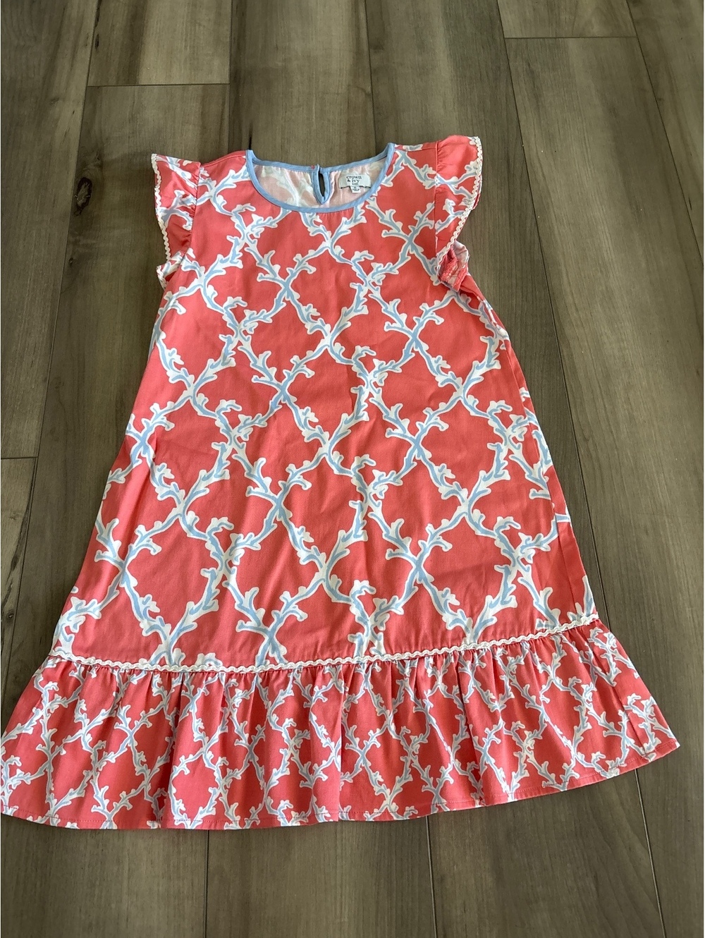 Crown & Ivy Girl’s Coral & Light Blue Lattice Pattern Dress size 10 EUC